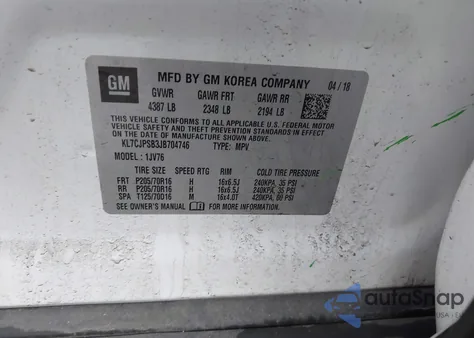 2018 Chevrolet Trax Lt из США, поврежденный, VIN KL7CJPSB3JB704746